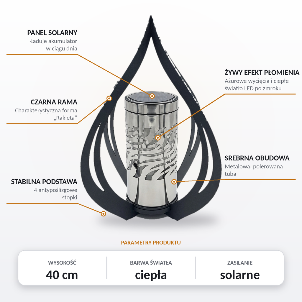 Znicz Rakieta z opisem: panel solarny, czarna rama, stabilna podstawa, efekt płomienia, srebrna obudowa