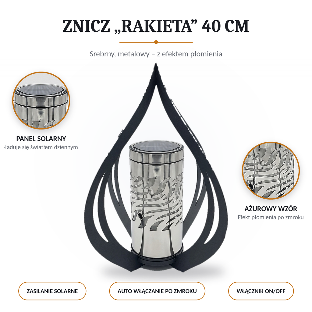 Znicz solarny LED Rakieta 40 cm, srebrny, metalowy