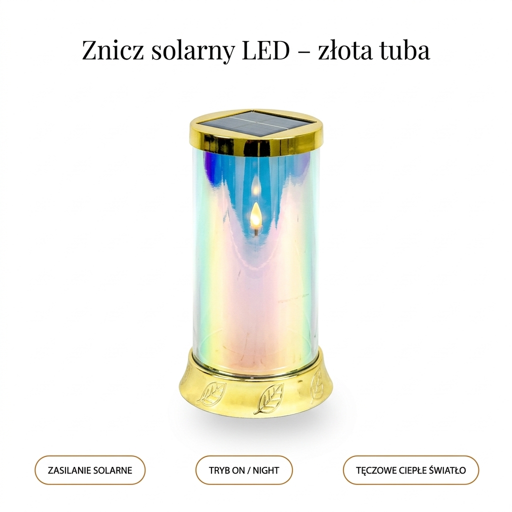 Znicz solarny LED złota tuba z opalową tubą