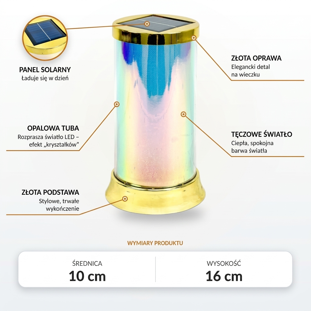 Znicz solarny LED złota tuba, opalowa tuba i złote detale